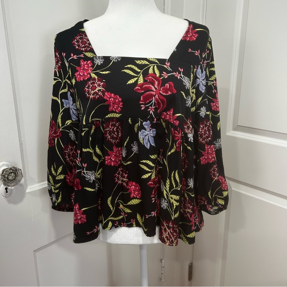 Left Coast Dolan babydoll top Black Floral Square neck womens Size Small boho - Picture 14 of 16